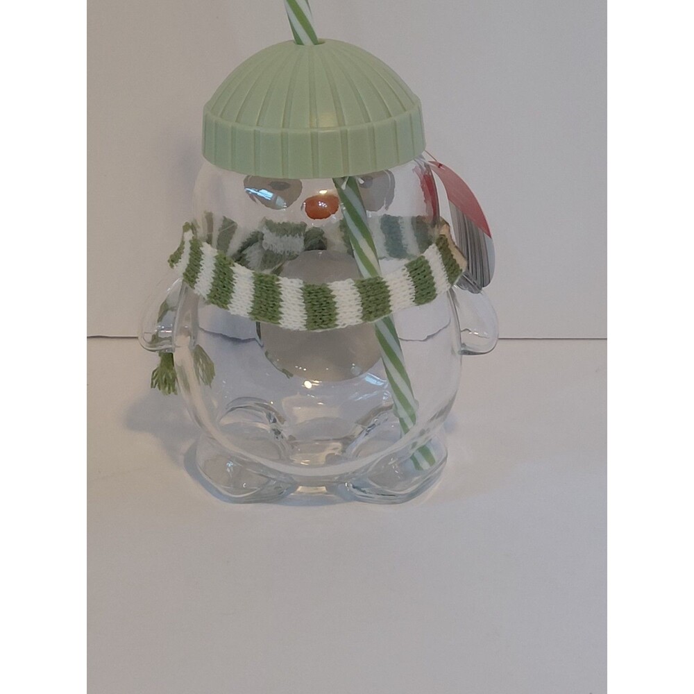 ALDI Glass Sipper Snowman Christmas Beverage Cup Clear Green Hat Scarf Holiday - Picture 3 of 3